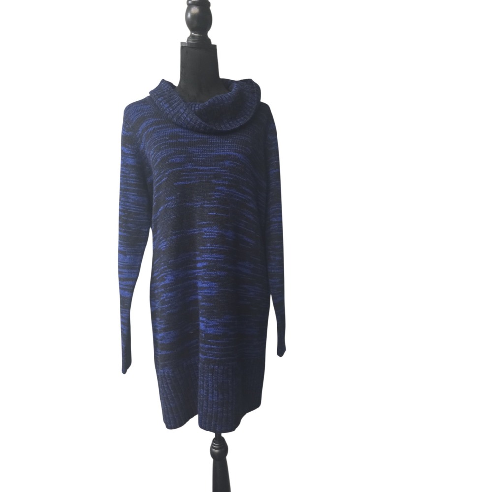 AB Studio Womens XL Blue Black Space Dye Cowl Neck Knit Sweater Dress